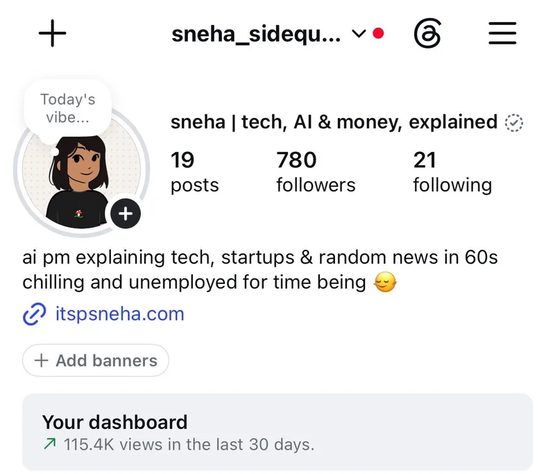 Instagram profile sneha_sidequest: 19 posts, 780 followers, 115.4K views in the last 30 days